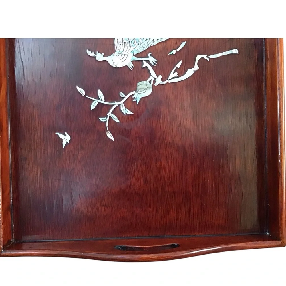 Asian Mahogany Shell Inlay Lacquer Tray Peacocks 17-1/2